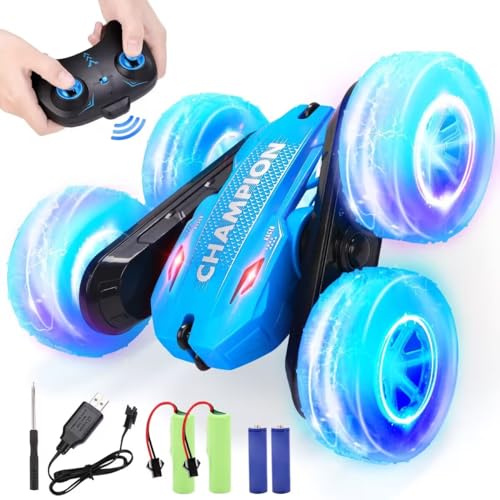 REMOKING 2.4GHz RC Stuntauto für Kinder, Ferngesteuertes Auto mit LED Licht & 360° Flip, Drift & Drehung, Wiederaufladbares Stunt Car Geschenk für Jungen & Mädchen ab 6 Jahren (Blau)