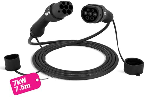 Cord Type 2 to Type 2 EV Charging Cable, 32amp, 7.4kW, 7.5 Metre, Single Phase, Black & White