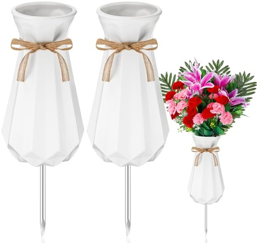 Qinyoung 2 Pcs Cemetery Vase for Grave with Metal Spikes Headstones Memorial Flower Holder Durable Plastic Grave Vases Outdoor Cemetery Decoration for Memorial Gifts Loss of Loved One(White)
