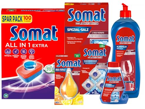 SOMAT Tabs 100 AW all in 1 Extra, Geschirrspül Tabs für Sauberkeit auch bei niedrigen Temperaturen + Klarspüler + Intensiv-Maschinenreiniger + Spezial-Salz + Deo Perls + Maschinenreiniger