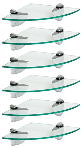Harbour Housewares 6X Klar 20cm Schwebende Eckregale aus Glas - Badezimmer Dusche Küche Regale Lagerung Anzeigeeinheit mit Silberne Klammern