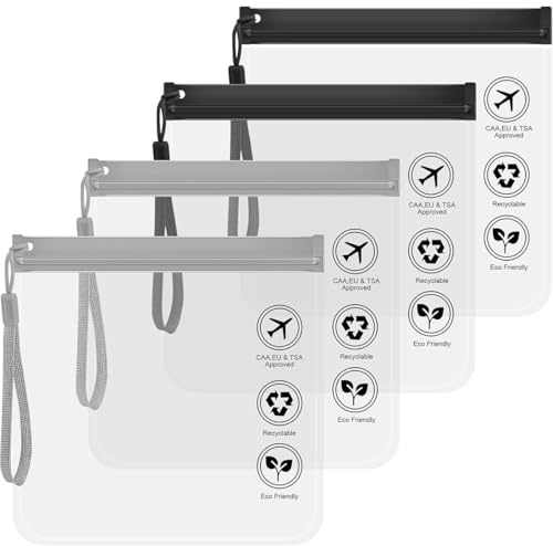 4Pcs Trousse de Toilette Transparente,Approuvées par la TSA 20 x 20 cm kit Voyage Avion,étanche et Anti-Fuite avec Poignée,Sac de Voyage Transparent Trousse Femmes & Hommes,Gris + Noir
