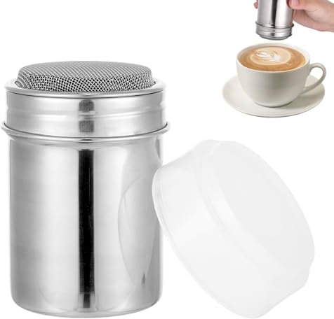 Saupoudreuse à sucre en poudre, saupoudreuse à farine, cacao, cappuccino, en acier inoxydable, couvercle à mailles fines avec couvercle en plastique