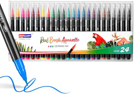 SKYGLORY 24 Colours Real Brush Watercolour Pens with Nylon Brush Tips, Art Supplies for Dry-Brush Painting, Sketching, Colouring & Calligraphy