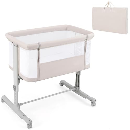 GOPLUS Cuna 3 en 1, Cama Portátil con Colchón Extraíble, Altura Ajustable, Bolsillos de Almacenamiento y Ruedas Bloqueables, Cuna de Viaje para Recién Nacidos con Bolsa de Transporte (Beige)
