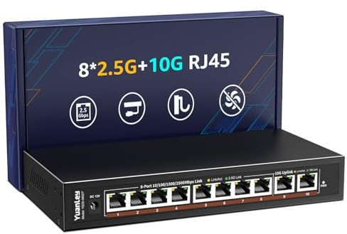 Commutateur Ethernet 10G à 10 Ports Non Géré, 8 x 2.5G Base-T Ports, 2 x 10Gb RJ45 Ports, Compatible 100/1000/2500Mbps, Boîtier Métallique, YuanLey Commutateur Réseau 2.5G/10G pour NAS