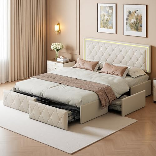 Zorvani Polsterbett 140x200 cm mit Stauraum, Doppelbett mit LED-Kopfteil, Stauraumbett mit 4 Schubladen & Lattenrost, Gepolstertes Bett, Jugendbett, PU (Beige)