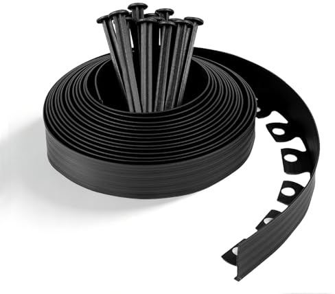 LUMITERRA Bordo Giardino Flessibile, Bordi Aiuole Plastica, con 30 Chiodi di Fissaggio, Lunghezza 10m, Altezza 5cm, Uso Semplice, Lunga Durata, per Delimitazione Aiuole, Viali Giardino e Alberi, Nero