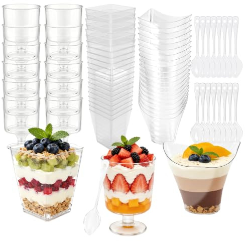 50 Pezzi Bicchierini Finger Food Riutilizzabili con 50 Cucchiai Riutilizzabili, Tres Diseños Bicchieri da Dessert Contenitori con Coperchio per Budini, Mousse, Gelati, Compleanni