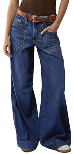 ticticlily Jeans Donna Vita Alta Larghi Pantaloni Gamba Larga Dritta Pantalone Denim Lavato A Blu Scuro L