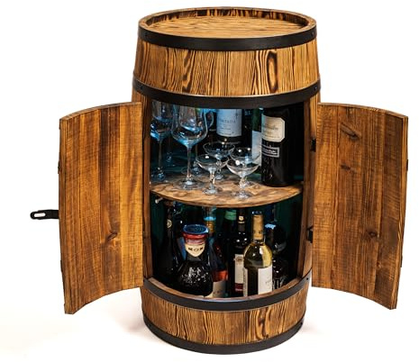 CREATIVE COOPER Baril de vin - Table haute avec porte et LED RVB - Armoire à alcool - Étagère à bouteilles en bois - Baril en bois - Meubles en fût - Étagère à vin - Bar à vin - Baril avec porte - 80