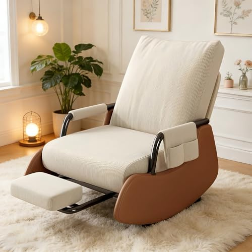 HDHNBA Soft-Upholstered Glider Rocking Chair Nursery Rocking Chairs with Side Pockets and Adjustable High Backrest Plush Corduroy Accent Chair with Footrest Suitable for Bedroom Living Room (Beige)