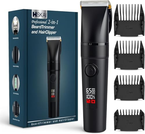 HSKAI 2-in-1 Cordless Beard Trimmer and Hair Clippers for Men | Cordless rechargeable trimmer with 9 length settings, detachable ceramic-titanium blade and non-slip matte grip