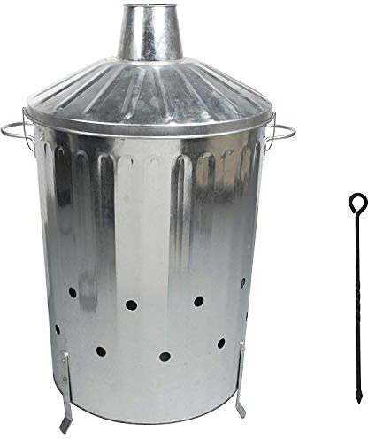 CrazyGadget® Small Medium Large Extra Large Galvanised Metal Incinerator Fire Burning Bin with Lid + Free Ash Poker (90L)