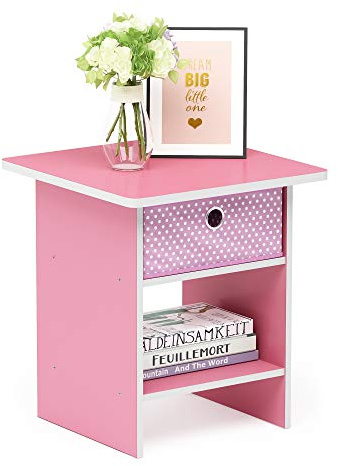 Furinno DARIO Side Table, Square End Table with Storage Bin, Round Corner Night Stand, Bedside Table with Open Back Shelf, for Living Room, Bedroom, Pink