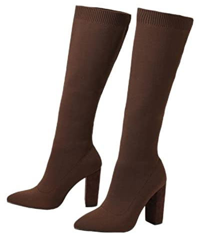 PAXAS Botas de calcetín hasta la rodilla de moda de ajuste ceñido para mujer, tela elástica, punta puntiaguda, tacón cuadrado, informales, sin cordones, zapatos botas - marrón, 35