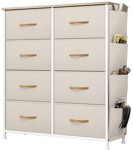 YITAHOME Commode avec Poches latérales et Crochets, Commode à 8 Tiroirs en Tissu Meuble de Rangement avec Dessus en Bois pour Chambre à Coucher, Salon, Chambre d'enfant,Beige