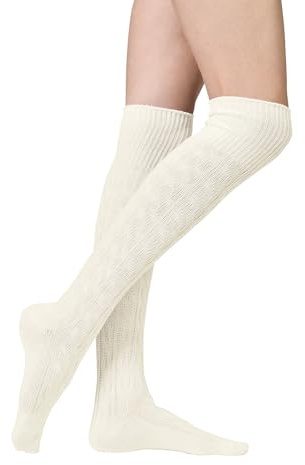 Vincent Creation Stiefel 1 paire de chaussettes hautes avec revers en maille torsadée Taille unique, Blanc laine (écru), taille unique