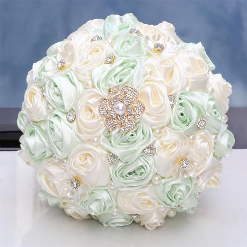Ramo de boda redondo de 22 cm, color verde claro y marfil, ramo de rosas artificiales para novia, dama de honor, boda, quinceañera