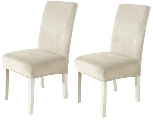 CYCMACO Housse De Chaise Velours 2 Pièces, Universel Housse De Chaise Salle À Manger Extensible, Protection Chair Cover Epaisse pour Hotel, Restaurant, Banquet, Cuisine, Beige