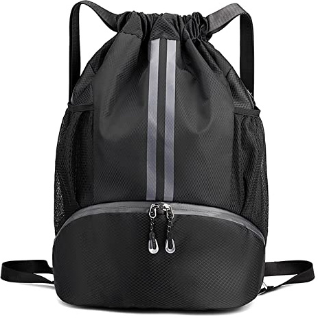 Veki Sac à Dos avec Cordon pour Homme Femme, Sac de Sport à Cordon avec Compartiment Chaussures et Poche Humide pour Football et Basketball, Sacs de Gym pour Natation, Yoga, Voyage, Plage (Noir)