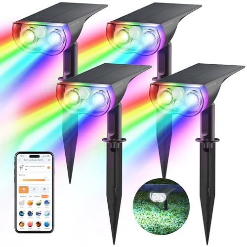 Linkind RGBTW Luci Solari da Esterno Giardino, sensore di movimento,16 milioni di colori RGB Faretti solari intelligenti per il giardino con Bianco caldo e freddo, controllabile in Gruppo，4 pezzi