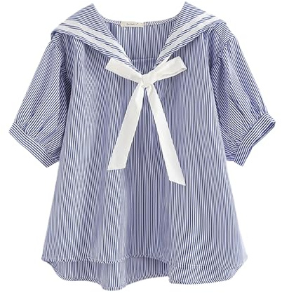 Chemisier à manches courtes pour femme et adolescente avec nœud doux et col bleu marine, Rayures et ruban blanc, taille unique