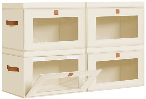 DIMJ Storage Bins with Lids - 4 Pack Large Fabric Closet Organizer with Window & Handles, Collapsible Decorative Storage Boxes for Shelves Under Bed, Books Clothes Blankets Sweaters Organization