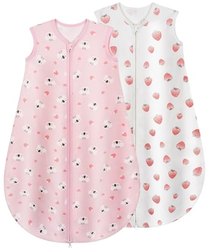 Yukkidds Saco de dormir para bebé, 0,5 tog, 100 % algodón, ligero y transpirable, saco de dormir de verano para bebés de 18 a 24 meses, paquete de 2 unidades, color rosa