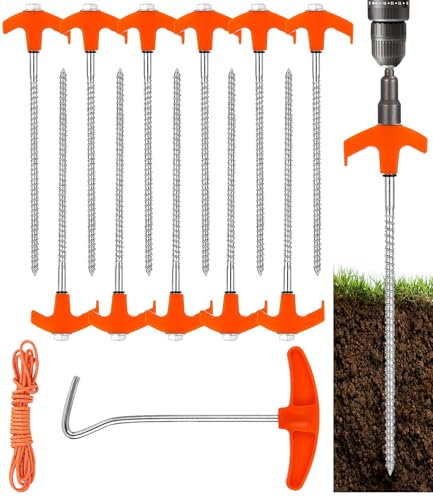 11 Drehbare Zeltheringe mit Gewinde aus Stahl (20.5 cm), Heringe Erdnägel Stabil, Zeltheringe zum Schrauben mit Adapter für Akkuschrauber, 3m Dickes Seil, Camping-Erdnägel für Harte Böden, Wald