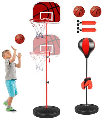 Aragallant 2-in-1 Basketballkorb & Boxsack für Kinder, Höhenverstellbare Basketballkorb mit 2 Bällen, Boxsack Spielzeug mit Boxhandschuhen, Kinderspielzeug Geschenke für Jungen ab 3 Jahren