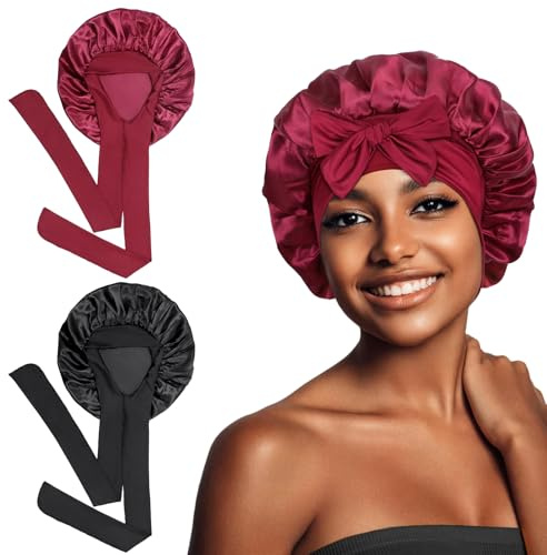 Euqvunn 2Pièces Bonnet Satin Cheveux Nuit, Bonnet en Satin avec 6.2×63 cm Une Bande de Fixation Large, Bonnet de Nuit Femme Adapté pour Protection Cheveux Longs/Raides/Bouclés (Noir Rouge)