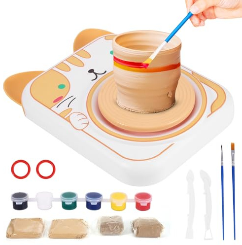 Pottery Wheel for Kids - Complete Pottery Painting Kit for Kids Ages 6-12 with 4 Pack Air Dry Clay&Clay Sculpting Tools Mini Pottery Wheel Crafts Kits Creative Gift for Girls & Boys Ages 6 7 8 9 10 11