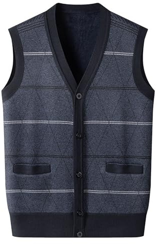 Termisk stickad väst fleecefodrad knappväst, mjuk ullblandning argyle mönster kroppsvärmare väst med fickor, klassisk varm ärmlös cardigan perfekt för high street café eller lokal pub