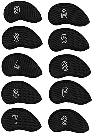 10 Fundas para Cabezas de Palos de Golf, Cubierta de Red para Postes de Hierro, Cubiertas Protectoras para Cabezas de Palos con números (3-9, P, S, A), Tela de Malla para (Negro Superior: 84661