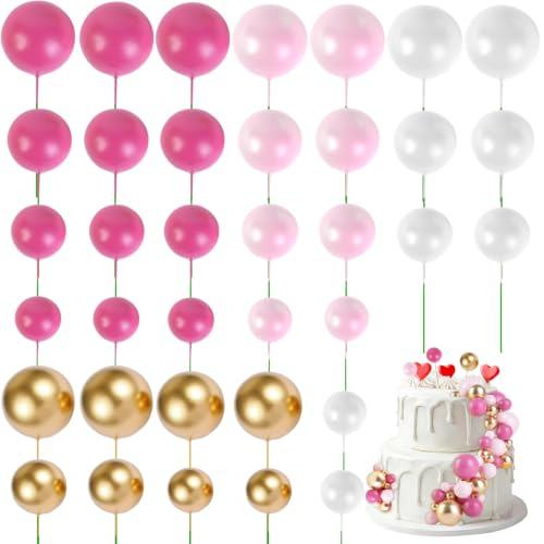 URAQT 36 Piezas de Bolas para decoración de Tartas, Mini Globos de decoración, Adornos de Bolas para Pasteles, palitos de Tartas para Bodas, Fiestas, cumpleaños (Rosa roja, Rosa, Dorado, Blanco)