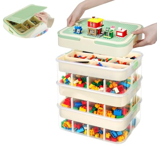 UHAPEER 3 Tiers Storage Boxes for Lego, Stackable Organiser with Lids | Container with Adjustable Compartments, Lid & Handle, Lego Organiser Bins for Building Blocks, Crafts, Beads, Tools