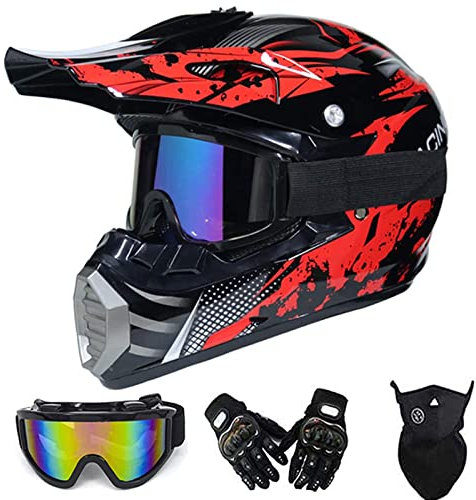 LEENY Casque de Motocross Noir Rouge Casque de Cross avec Lunettes/Gants/Masque, Garçons Filles Moto Off-Road Enduro Racing Downhill Casque VTT Saleté Vélo ATV Quad Motocyclette Casque,XL