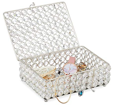 Relaxdays Schmuckdose, glamouröses Kristalldesign, verspiegelter Boden, Schmuckkästchen, HxBxT 7 x 19 x 14,5cm, silber