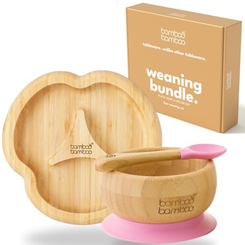bamboo bamboo Set De Sevrage Assiette Bébé & Bol Bébé, Assiette Et Bol À Ventouse Pour Repas Et Sevrage, Assiette Compartimentée Bambou, Bol Enfant & Cuillère Bébé, Dès 6 Mois (Rose)