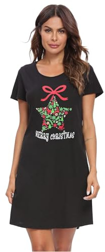 ENJOYNIGHT Camisón para mujer de verano, de algodón, con estampado, manga corta, camiseta, camiseta de dormir, ropa de noche, vestido de noche, Navidad., XL