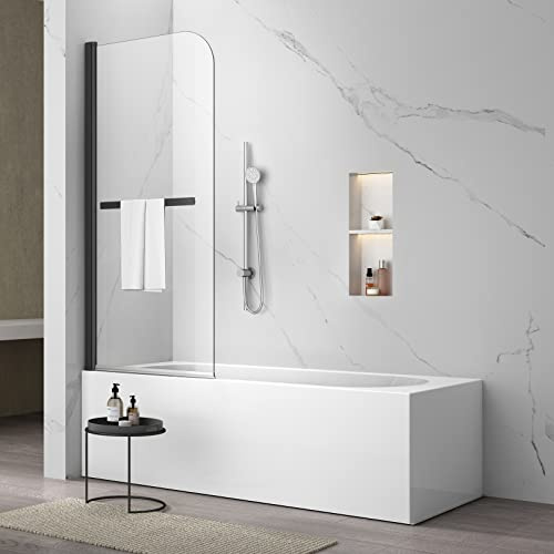 Sunrosa Pivot Tub Shower Door 34×58, Folding Bathtub Shower Door with Tempered Glass, Frameless Glass Shower Door with Towel Bar, Shower Door for Bathtub in Matte Black