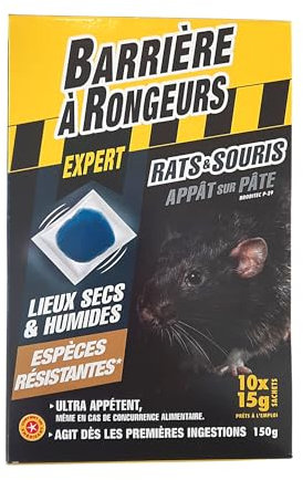BARRIÈRE À RONGEURS EXPERT, Appât sur pâte Contre Rats & Souris, Espèces résistantes, 10 sachets de 15 g, BARPATREZ150