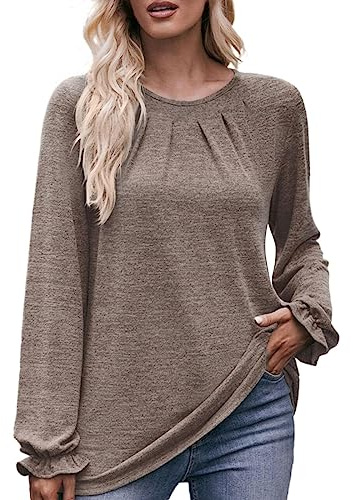 Camiseta de manga larga suelta para mujer, elegante, cuello redondo, monocolor, manga larga, informal, oversize, caqui, XXL