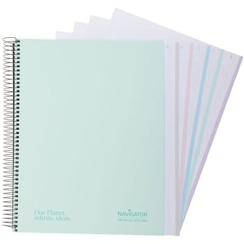 Navigator | Cuaderno Escolar a4 + | Cuadricula 5x5 | Tapa Extradura | Mint | Borde 5 Colores | Papel 80g | 120 Hojas Microperforadas 4 Taladros | Espiral Coil-Lock | Papel Premium Writing