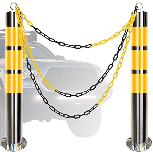 Sicherheitszapfen 2 Stück Parkpoller mit 5 m Absperrkette, Sicherheitspoller for die Einfahrt, Mantelrohrabsperrungen aus Edelstahl mit reflektierenden Streifen (Größe: 800 mm H x 89 mm T (31,5 Zoll H