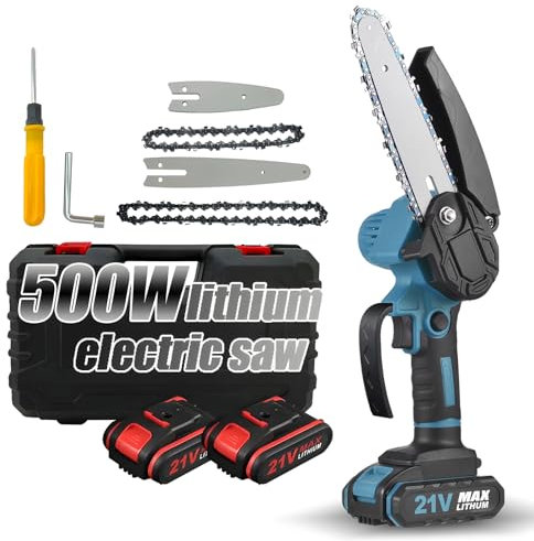 Ailgely Mini Motosierra Bateria 6 y 4 Pulgadas, 21 V Motosierra Eléctrica de Mano Pequeñas Sierra Podar Bateria, 2x2000 mAh, 2 Cadenas, para Cortar Ramas Y Madera En El Jardín
