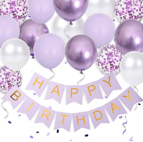 Gidobo Happy Birthday Banner, Lilac Birthday Decoration, 16Pcs 12in Happy Birthday Balloons with 2 Ribbons for Men Women Girls and Boys Birthday Party Decoration
