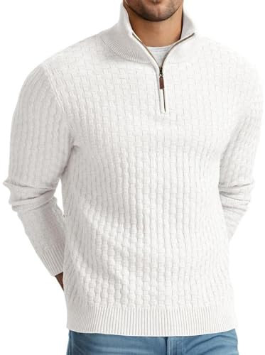 QIXING Troyer Herren Pullover mit Zopfmuster und Waffelmuster - Weicher Freizeit-Strickpullover mit 1/4-Reißverschluss und gerippten Kanten Pulli Herren (Weiß, L)