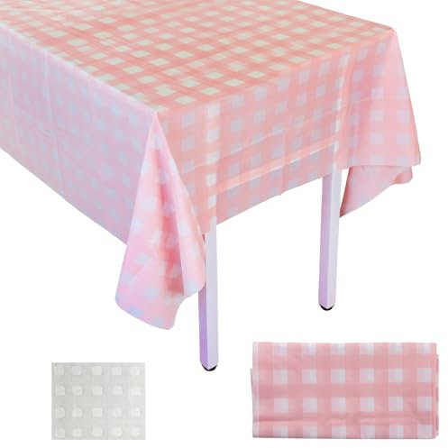 Manteles a cuadros rosados y blancos, mantel de plástico desechable con bandera a cuadros para mesa de jardín, fiestas, Navidad, bodas, pícnic, 137 x 274 cm